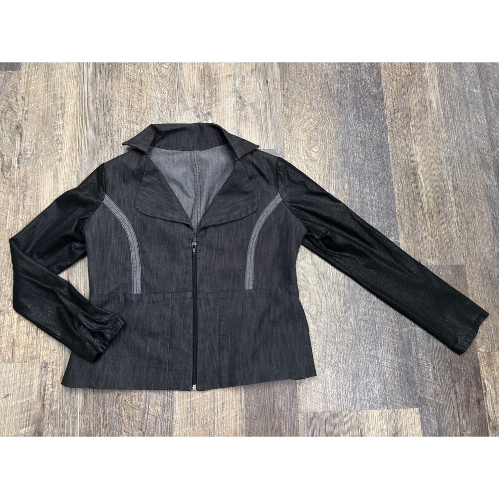 Womens Mixed Media Zip Up‎ Jacket Faux Leather Sleeves Dark Wash Denim Style XL